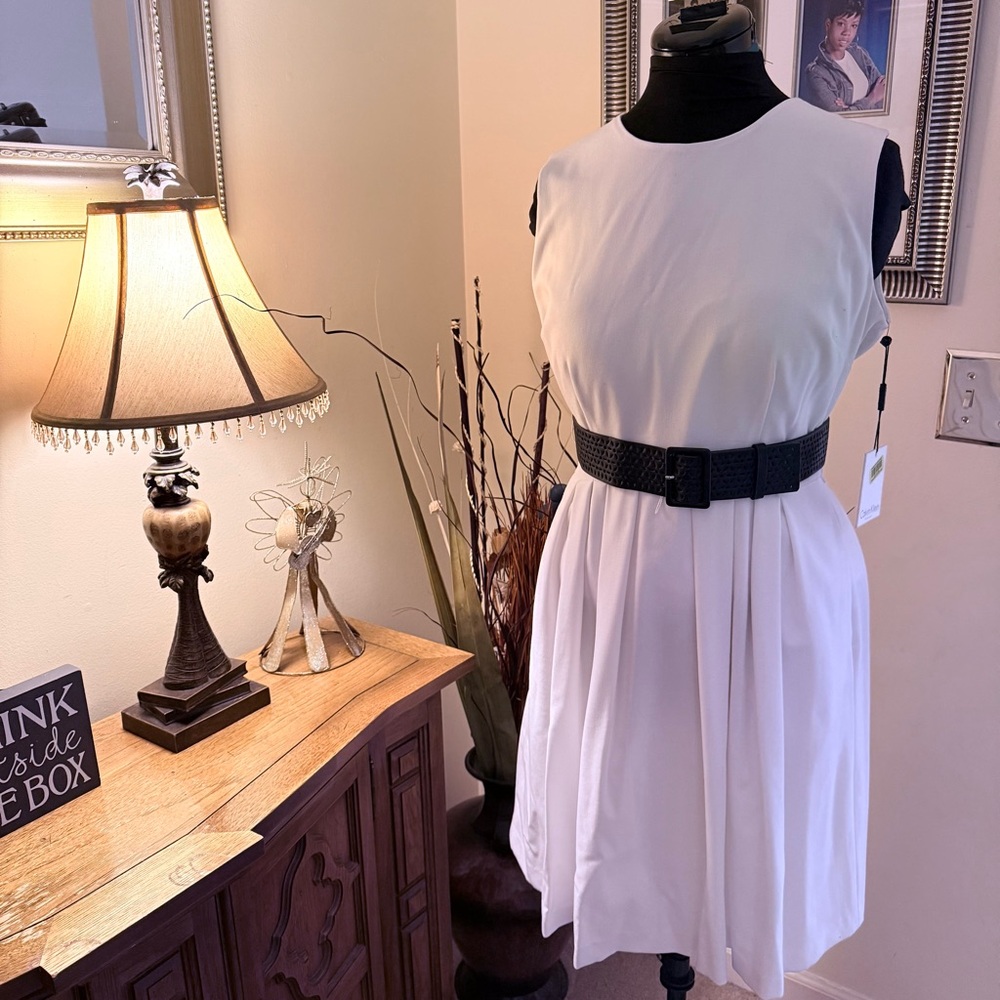 Calvin Klein White Sleeveless Pleated Midi Dress with Black Belt - Picture 15 of 15